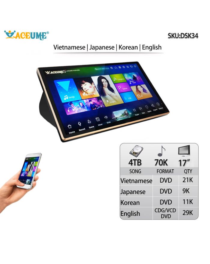 DSK17_34-4TB HDD 70K English Vietnamese Japanese Korean Songs 17" Touch Screen Karaoke Player/Jukebox Select Songs Via Moinitor and Mobile Device Multilingual Menu And Fast Search