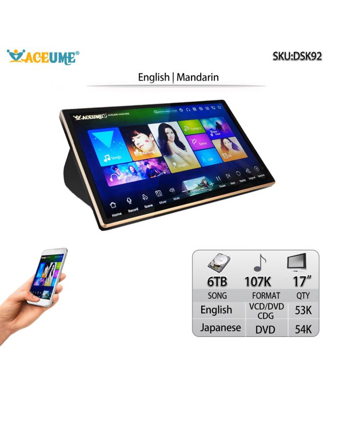 DSK17_92-6TB HDD 107K Chinese Songs Mandarin English Songs 17"Touch Screen Karaoke Player Cloud Download Jukebox Select Songs Via Monitor and Mobile Device