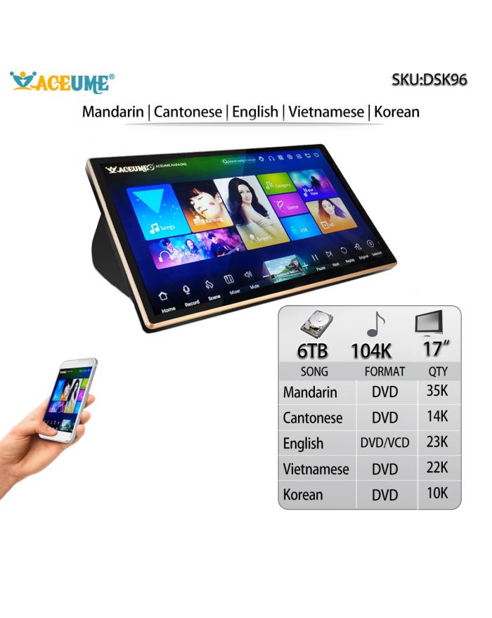 DSK17_96-6TB HDD 104K Chinese English Vietnamese Korean Songs 17" Touch Screen Karaoke Player Cloud Download Multilingual Menu and Fast Search Remote Controller