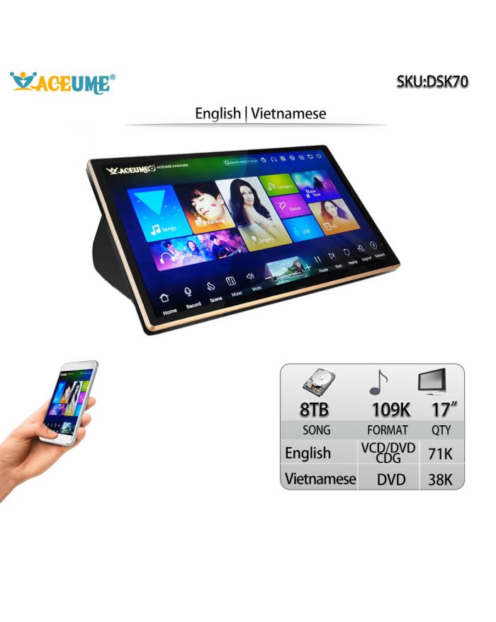 DSK17_70-8TB HDD 109K Vietnamese English 17" Touch Screen Karaoke Player Multi Language Menu Remote Controller and Mobile Device Supported