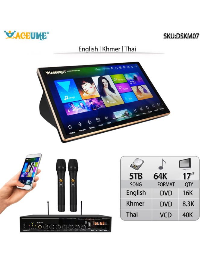 DSK17_M07-5TB HDD 64K New Khmer/Cambodian DVD Songs Thai English Songs 17" Touch Screen Karaoke Player.ECHO Mixing Microphone Input Microphone and Remote Controller Included Multilingual Menu And Fast Search