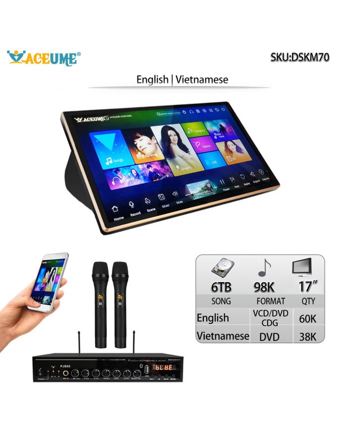 DSK17_M70-6TB HDD 98K Vietnamese English 17" Touch Screen Karaoke Player Multi Language Menu Remote Controller and Mobile Device Supported