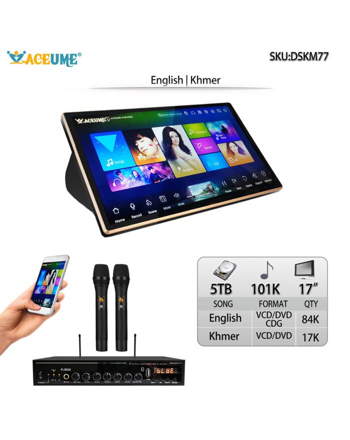DSK17_M77-5TB HDD 101K Khmer VCD DVD Songs Cambodian English CDG VCD DVD Songs 17" All in one Touch Screen Karaoke Player Select Songs Both Via Monitor and Mobile Device Muiltilingual Menu and Songs Title