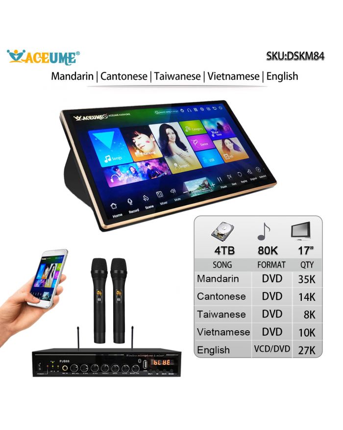 DSK17_M84-4TB HDD 80K Chinese Cantonese Taiwanese English Vienamese DVD Songs 17" Touch Screen Karaoke Player Songs Machine Jukebox Select songs via Touch Screen Monitor and Mobile device