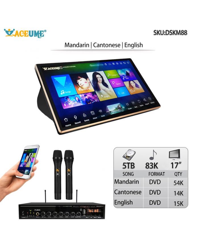 DSK17_M88-5TB HDD 83K Chinese Mandarin Cantonese English Songs 17" Touch Screen Karaoke Player and mic