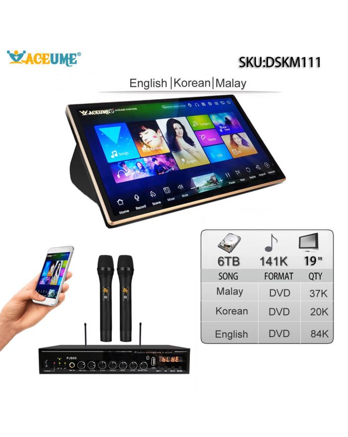 DSKM111-6TB HDD 141K English Korean Malay/Indonesia Songs 19" Touch Screen Karaoke Machine Individual karaoke Mixer Free Wireless Microphone