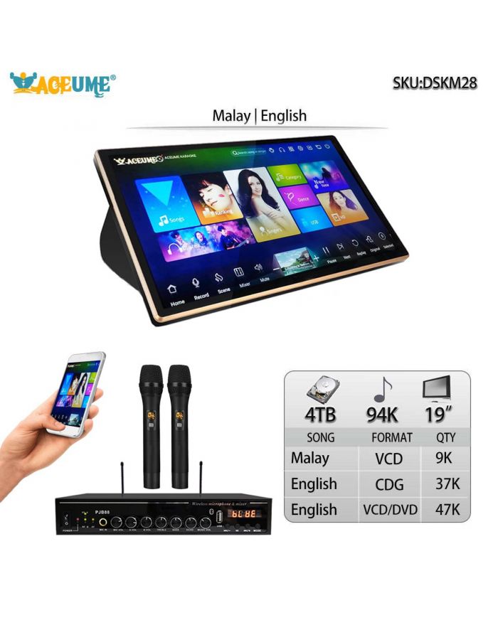 DSKM28-4TB HDD 94K English CDG VCD DVD Bahasa Malay/Indonesian VCD Songs 19" Touch Screen Karaoke Player Wireless Microphone Input ECHO Mixing Free Microphone and Remote Controller Included