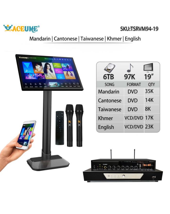 TSRVM94-19 6TB 97K Chinese DVD English DVD Khmer/Cambodian VCD DVD Songs 19" Touch Screen Karaoke Player Cloud Download ECHO Mixing Free Micropone Remote Controller