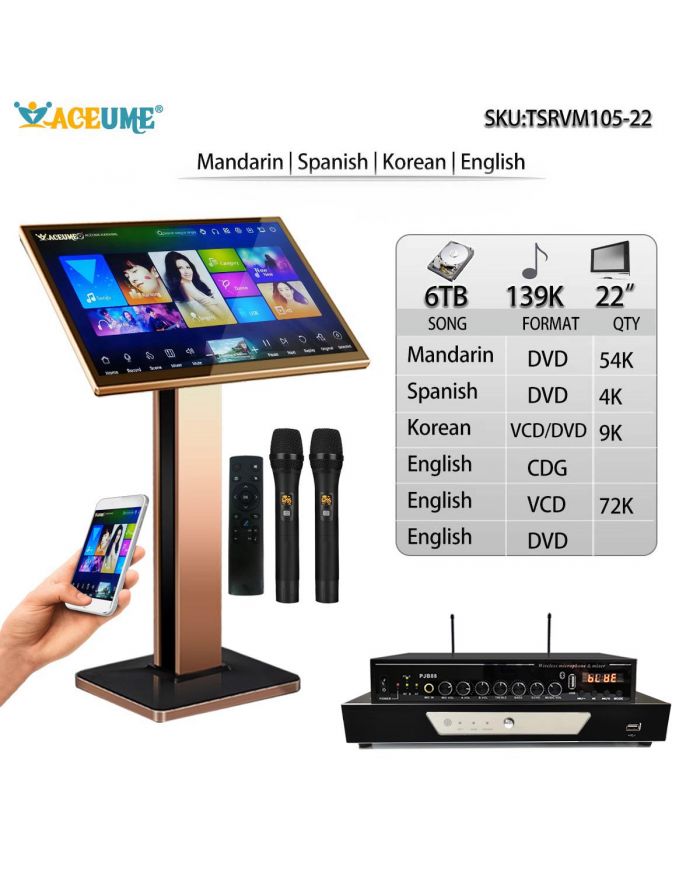 TSRVM105-22 6TB HDD 139K Chinese English  Spanish Korean 22" Touch Screen Karaoke Player ECHO Mixing