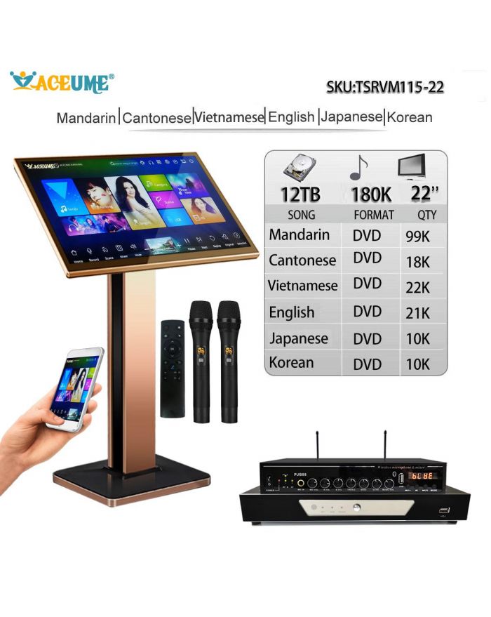 TSRVM115-22 12TB 180K Chinese Cantonese Vietnamese English  Janpanese  Korean  English  Janpanese  Korean Songs 22" TSRV Touch Screen Karaoke Player Cloud Download Remote Controller Microphone