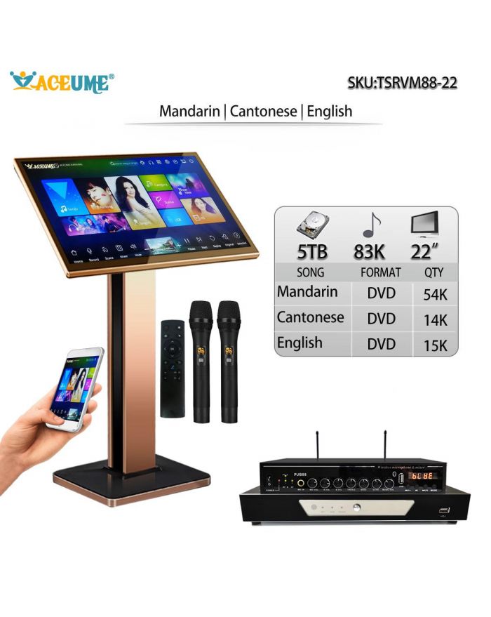 TSRVM88-22 5TB HDD 83K Chinese Mandarin Cantonese English Songs 22"Touch Screen Karaoke Player ECHO Mixing Cloud Download Free Microphone and Remote Controller Included